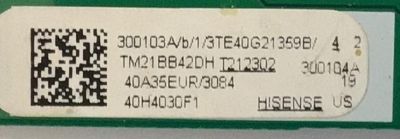 MAIN FUENTE (COMBO) PARA TV HISENSE·ROKU TV / NUMERO DE PARTE 300103 / 300104 / RSAG7.820.11682/ROH / 40A35EUR / 300103A / 300104A / PANEL TPT400WF-J9PE1.N REV:SC4Q / DISPLAY V400HJ9-PE1 / MODELO 40H4030F1 - Imagen 2